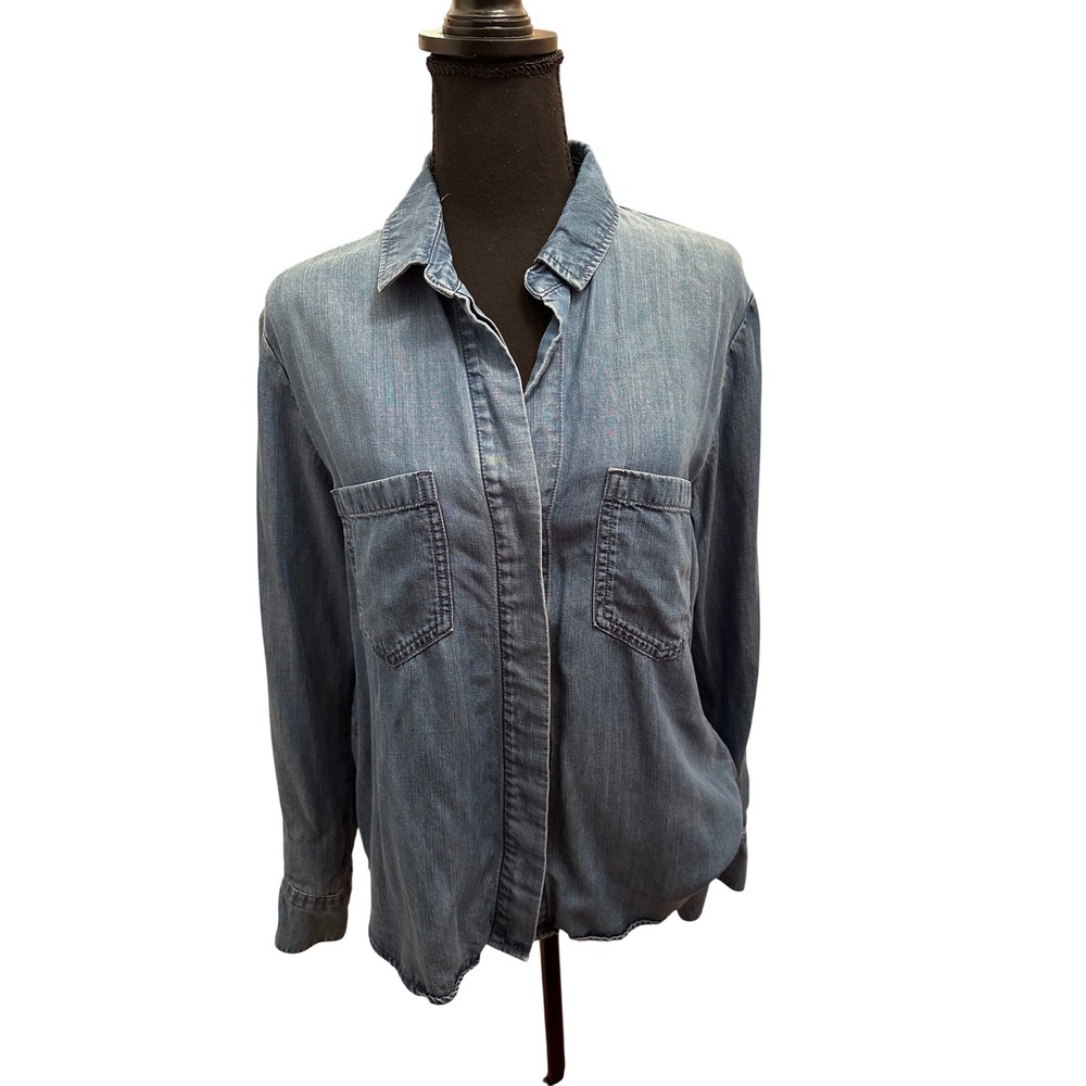 Cloth & Stone Blue Tencel Roll Tab Button Down Shirt SZ M Lagenlook Preppy Fall
